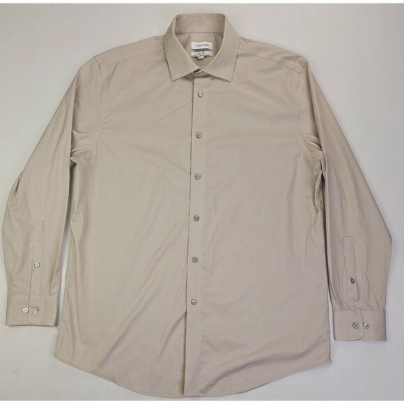 Calvin Klein Regular Fit 16 32-33 L Steel + Stretch Wrinkle Free Mens Tan Shirt - Picture 1 of 9